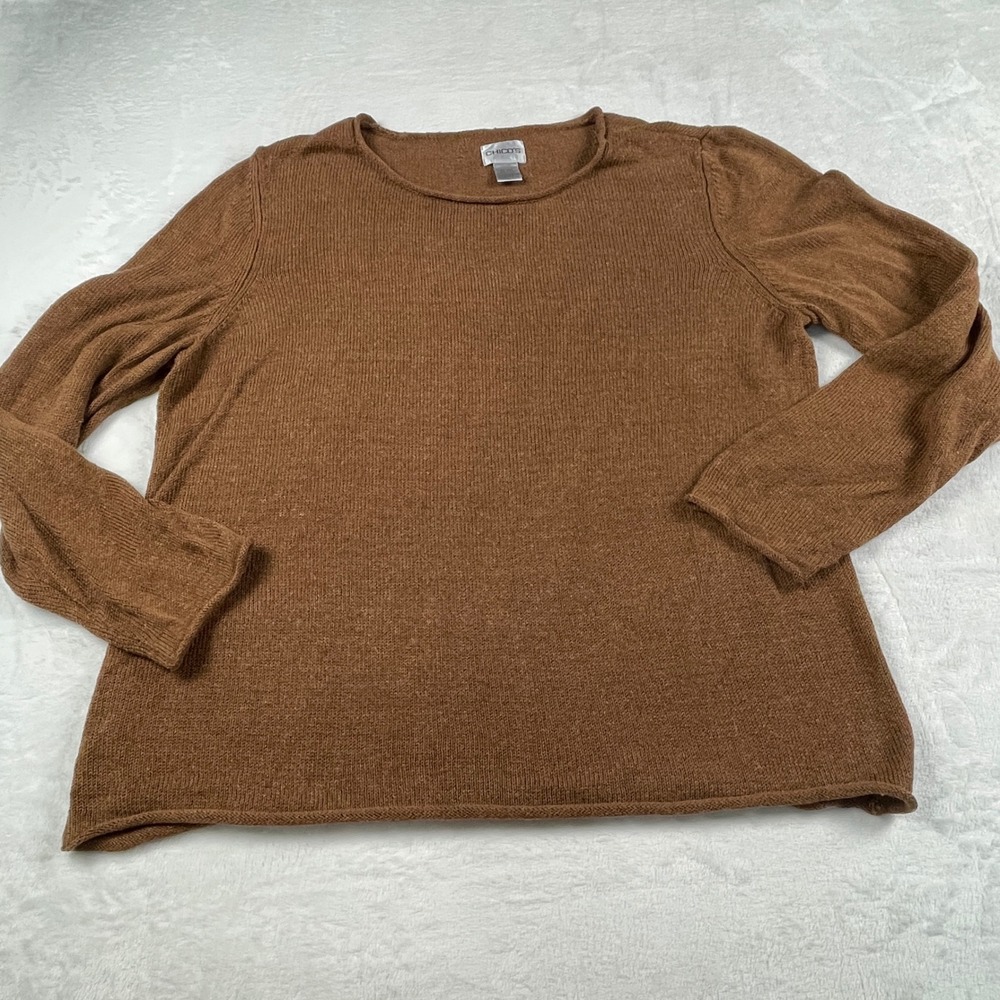 Chicos Brown Linen Rayon Blend Knit Sweater Rolled Edge Crew Neck Size 3 XL